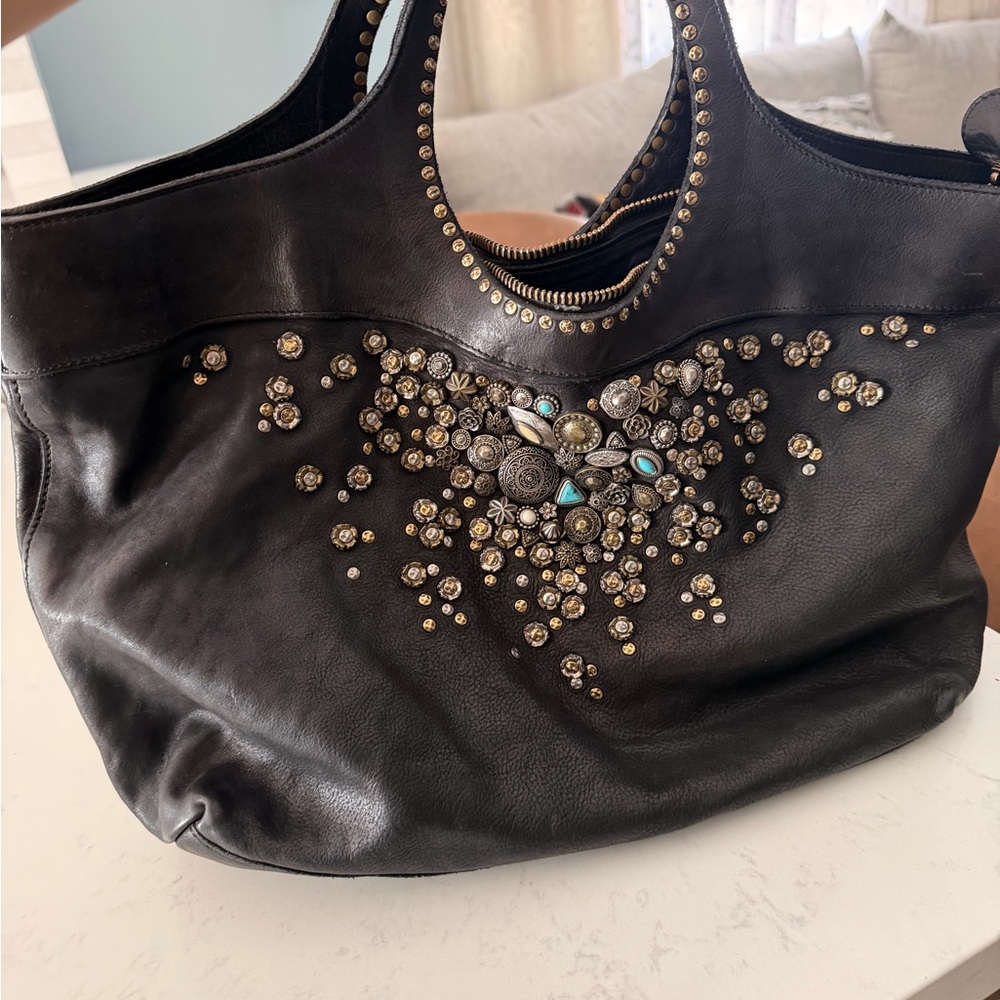 Studded Black Leather Shoulder Bag